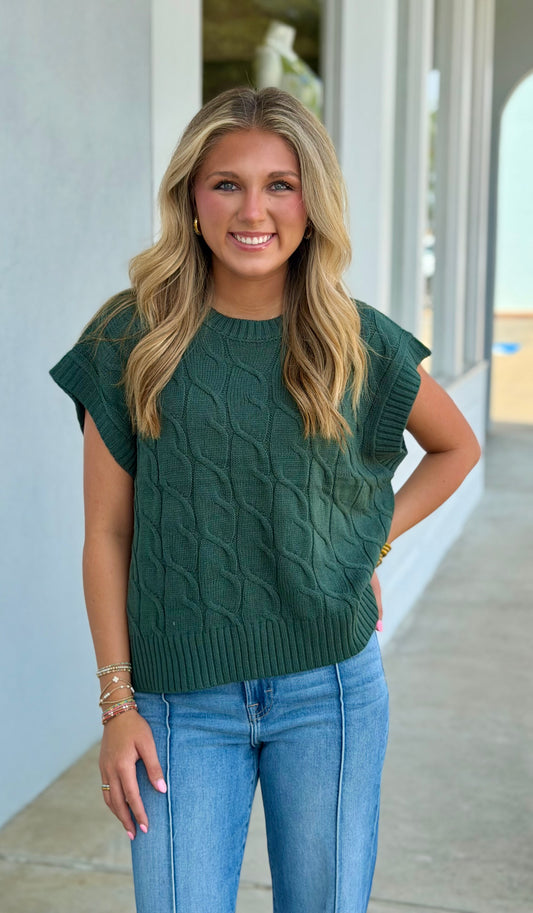 Cable Knit Cap Sleeve Sweater Top, Dark Green