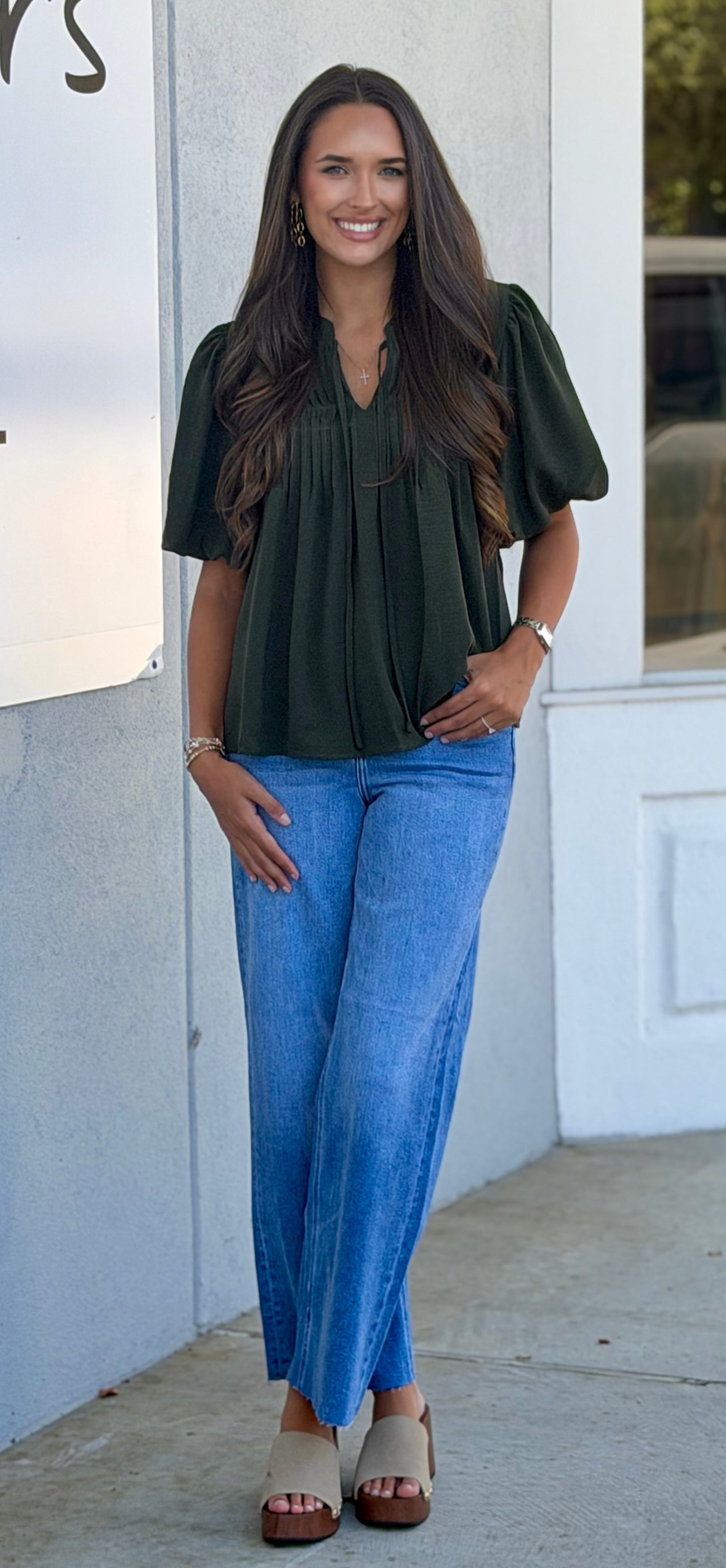 Puff Sleeve Pintuck Detail w/ Neck Tie Top, Olive