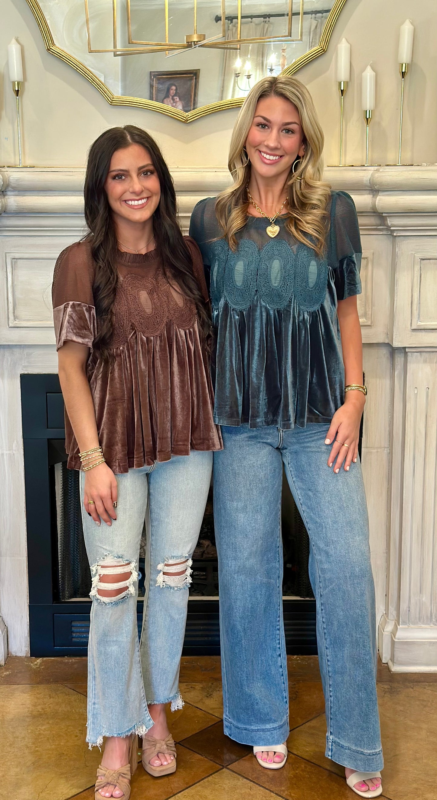 Lace Velvet Babydoll Top, Brown