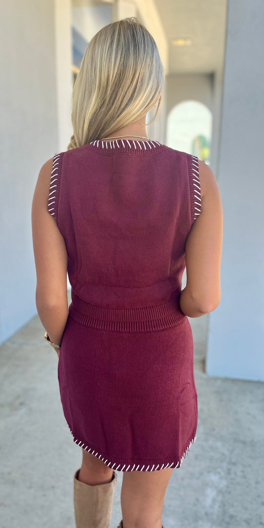 Maroon Contrast Boarder Cross Stitching Sweater & Skirt