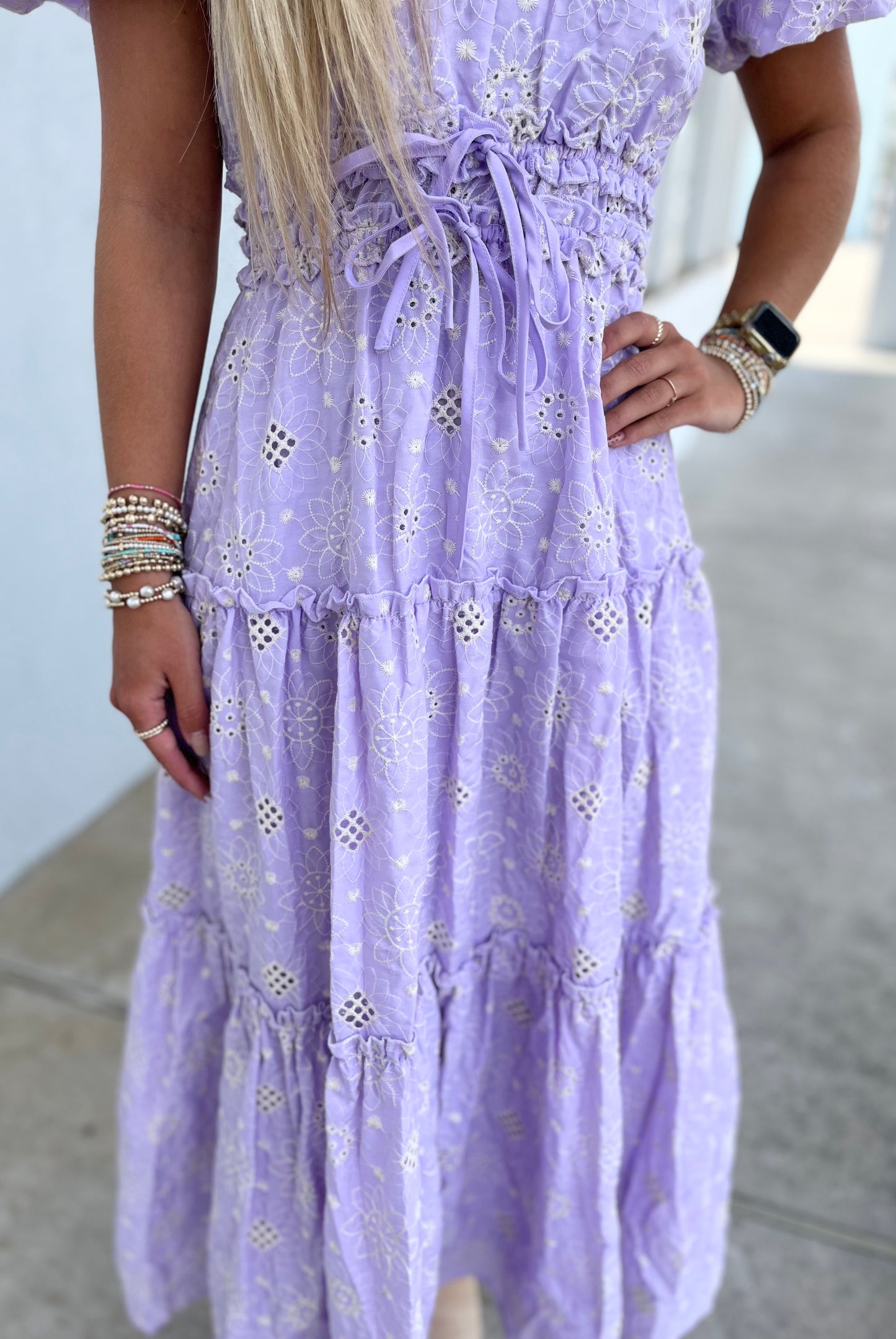 Lavender Eyelet Lace Puff Sleeve Midi Dress
