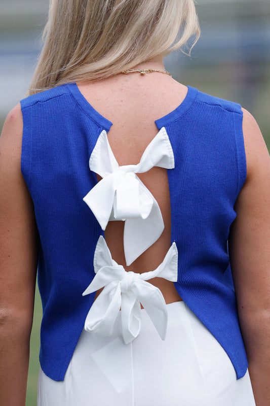 Back Bow Tie Sleeveless Top , Royal Blue