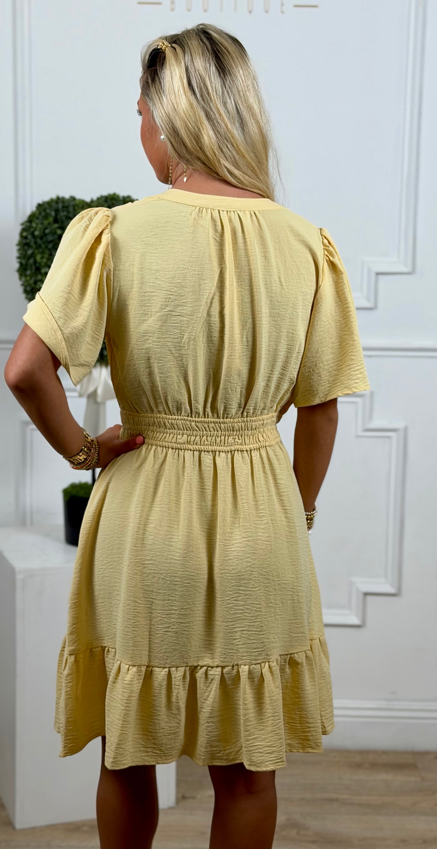 Yellow Bell Sleeve Elastic Waistband Dress