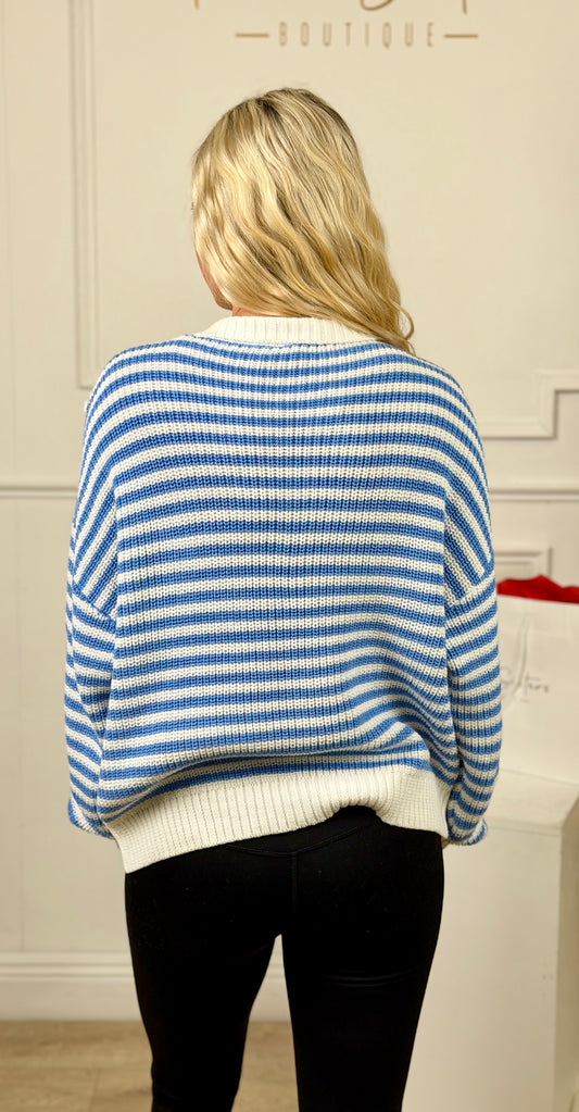 Coastal/White Striped Half Zip Sweater