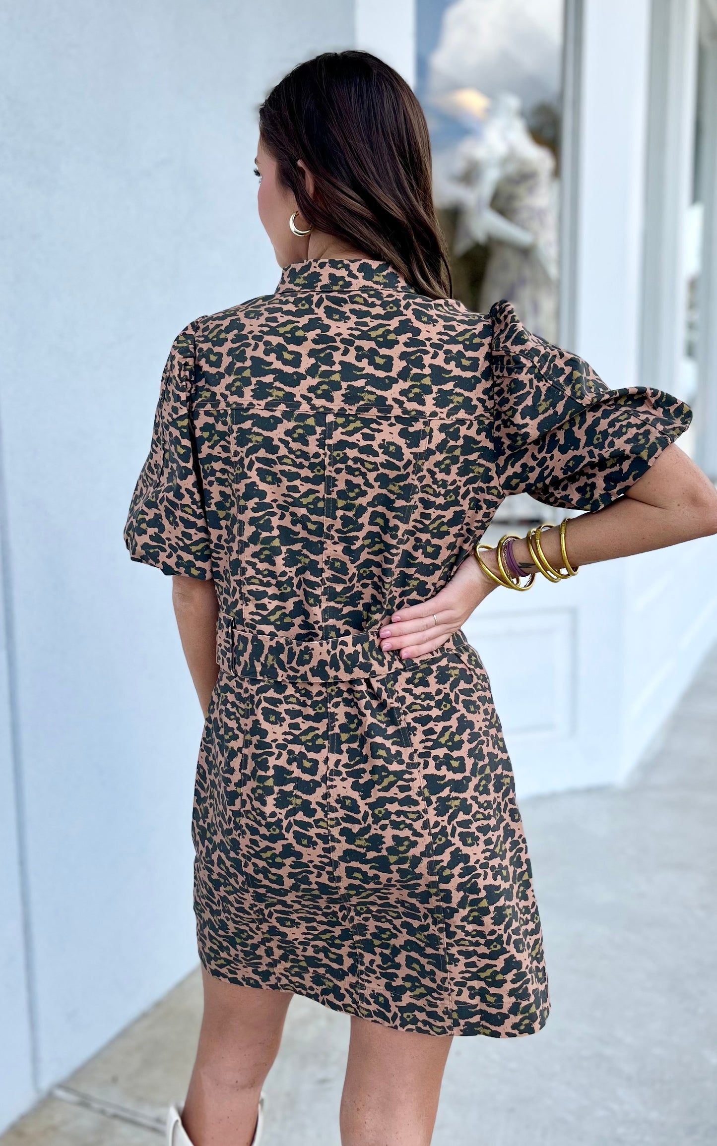 Animal Print Puff Sleeve Belted Dress