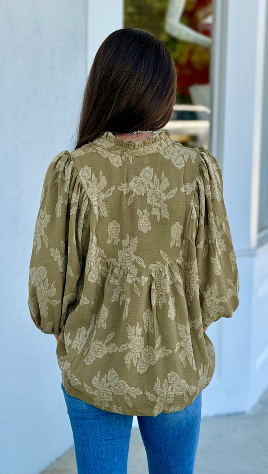 Floral Textured Scalloped V-Neck Babydoll Blouse, Olive