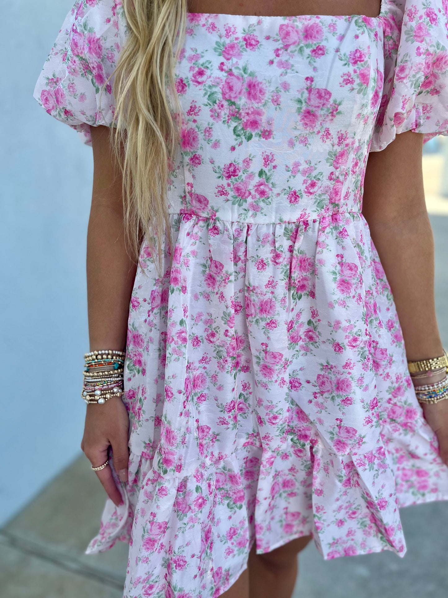 Pink Square Neck w/Bubble Sleeve Mini Dress