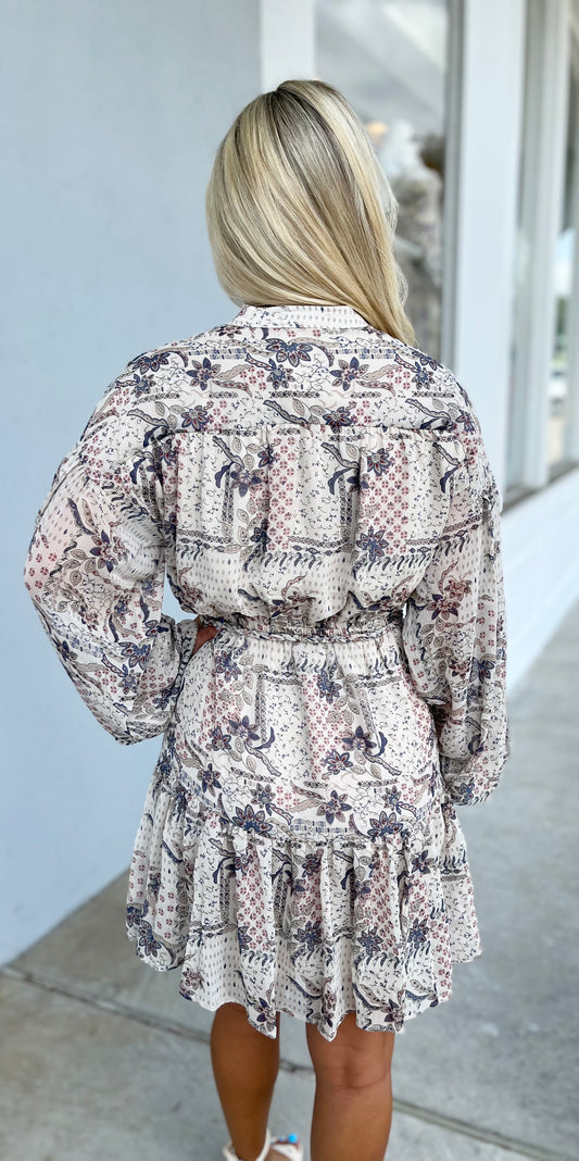 Stone Combo Button Up Printed Dress