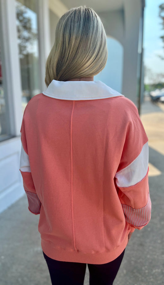 Peach Coral Color Block French Terry Sweatshirt