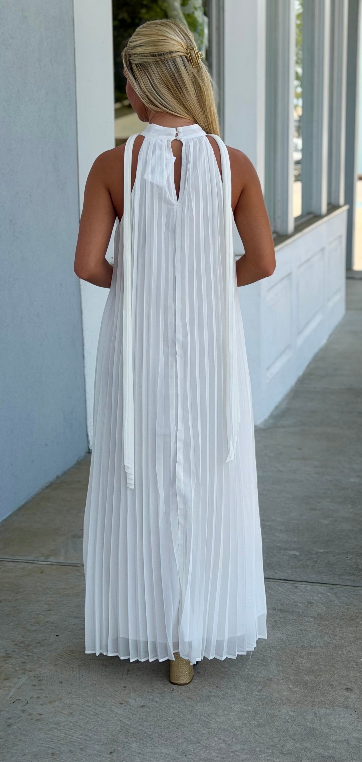 White Pleated Halter Midi Dress