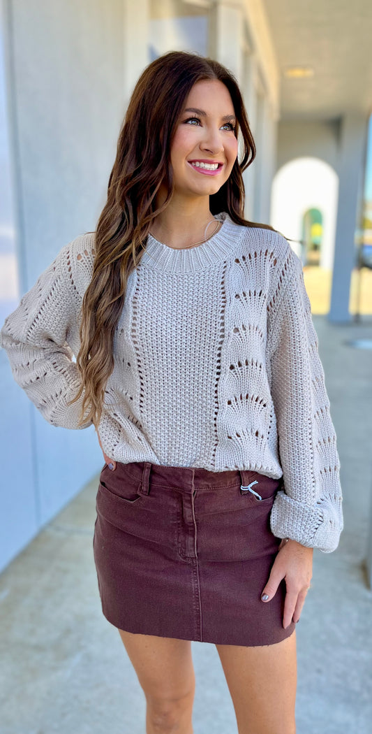 Oatmeal Scallop Crochet Sweater