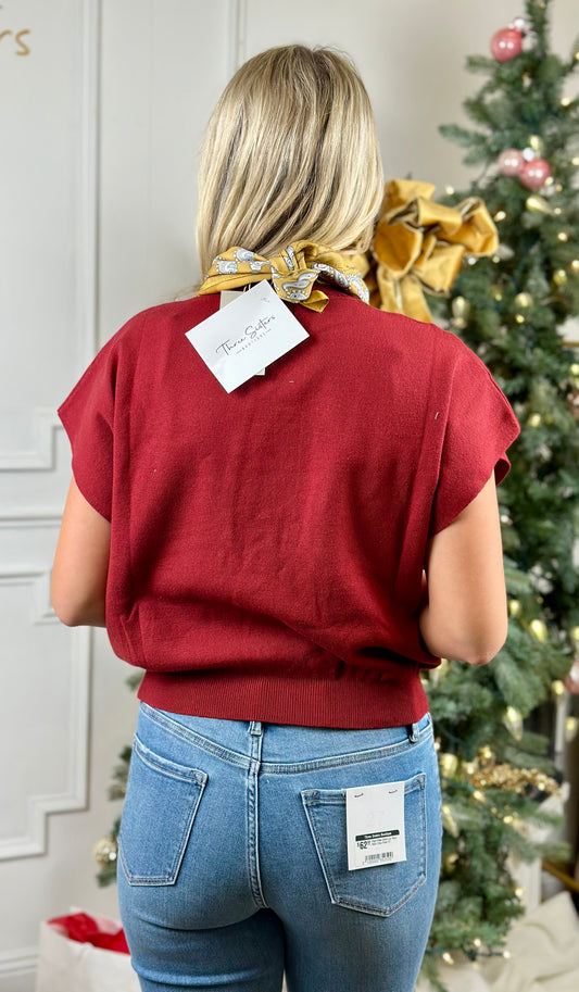 Mock Neck Short Sleeve Top , Merlot