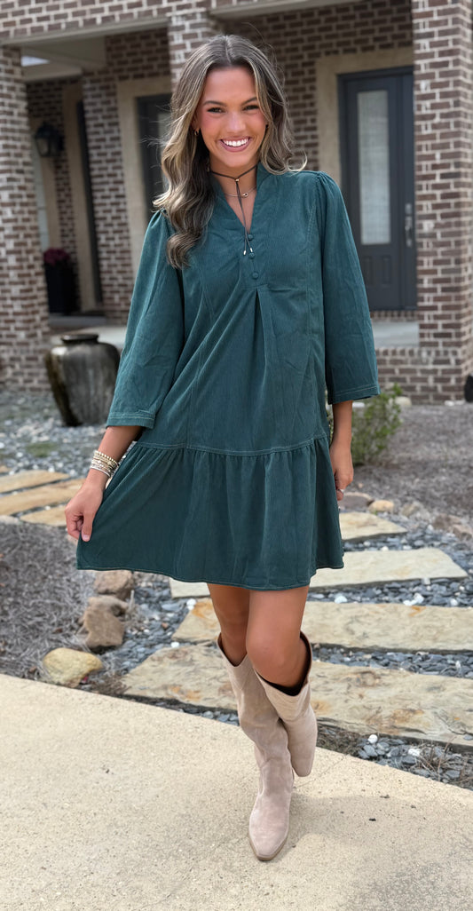 Hunter Green Pleated Ruffle Hem Dress