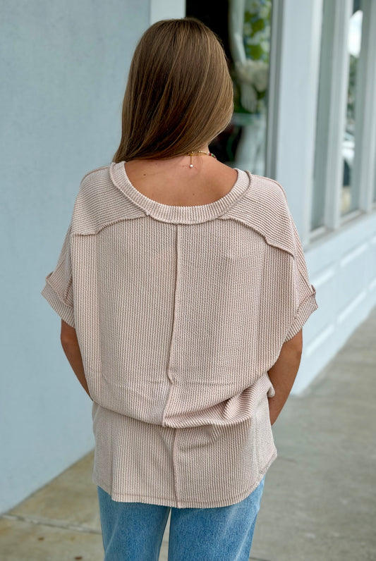 Raised Rib Hi Low V Neck Tee, Sand Beige