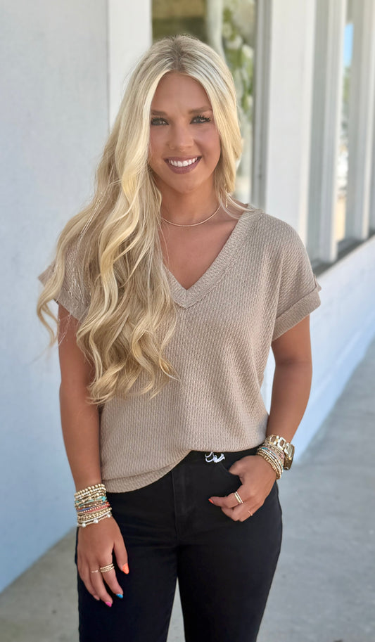 V Neck Textured Knit Top, Light Khaki
