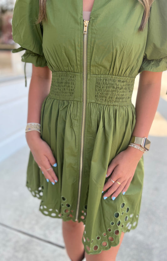Olive Puff Sleeve Eyelet Zipper Front Dress