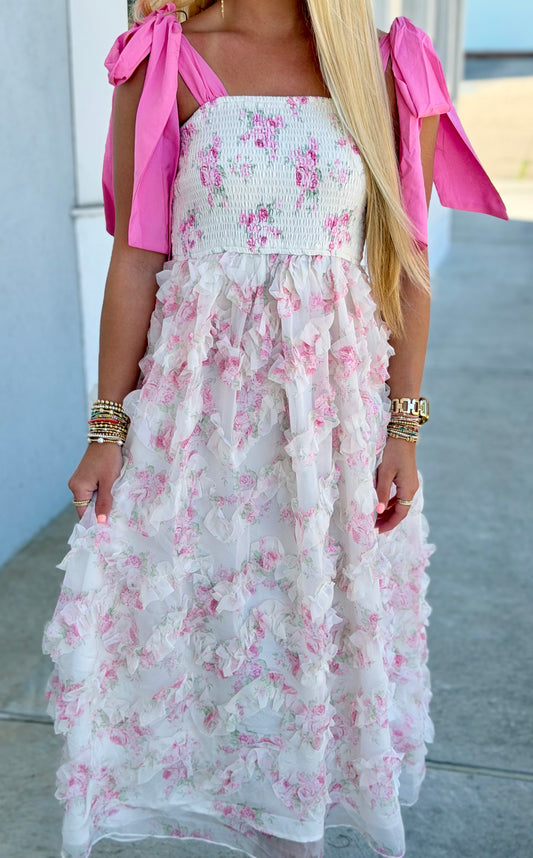 Cream/Pink Floral Print Smocking Detail Ruffle Dress
