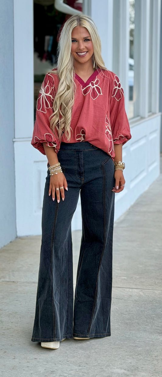 Black Contrast Stitching High Waist Wide Leg Flare