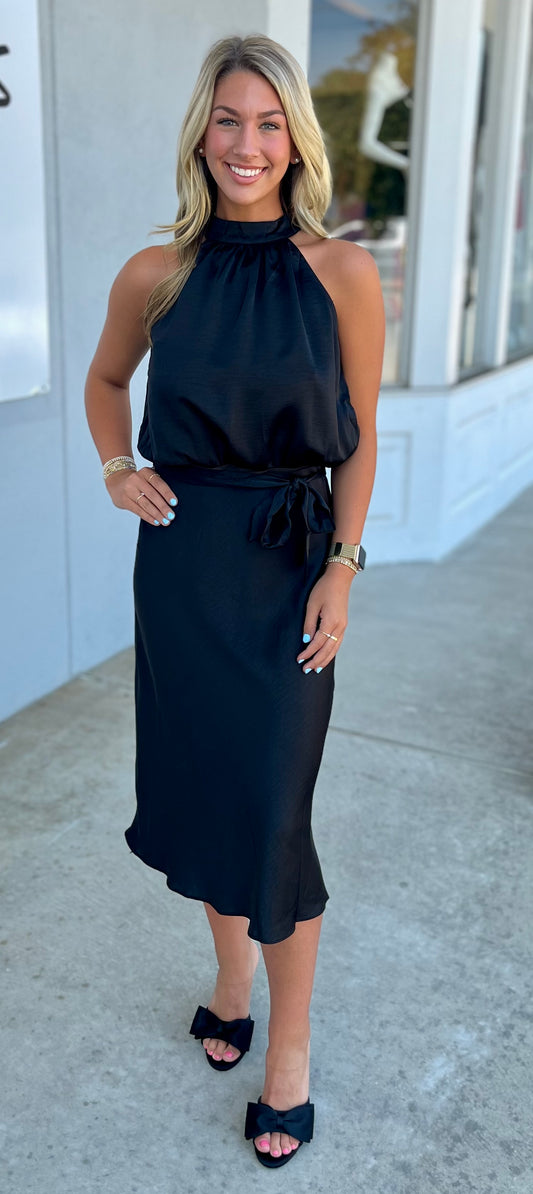 Halter Neck Sleeveless Midi Dress, Black