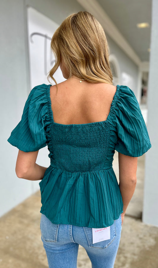 Teal Textured Sweetheart Neckline Puff Sleeve Top