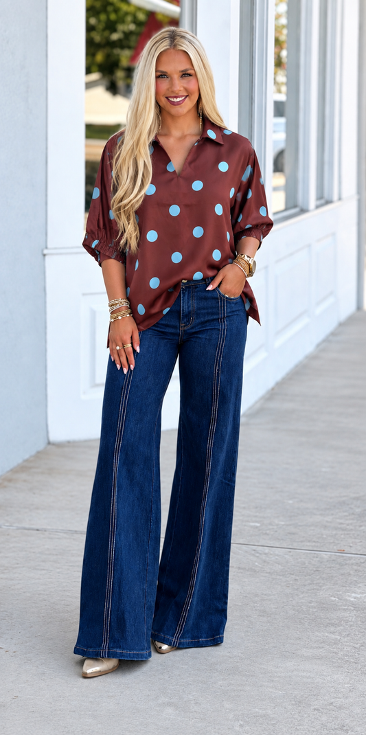 Brown/Blue Polka Dot Top