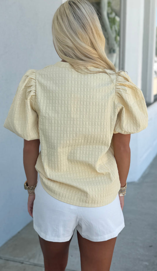 Butter Yellow Puff Sleeve Textured V Neck