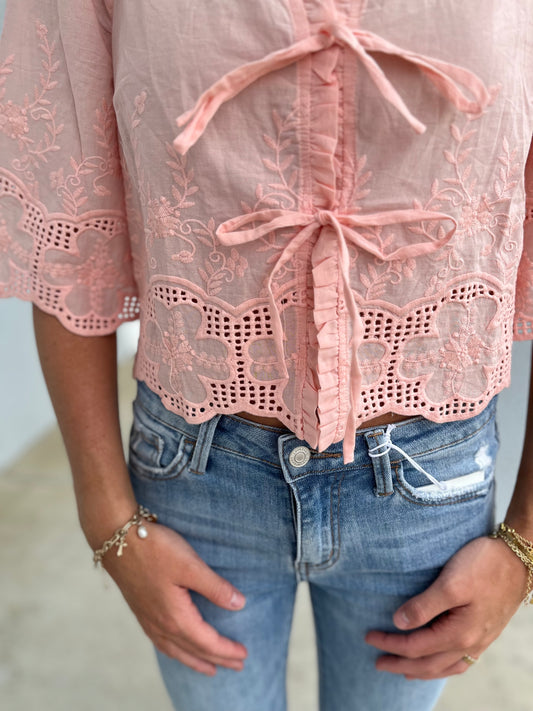 Blush Floral Embroidery Tie Front Blouse
