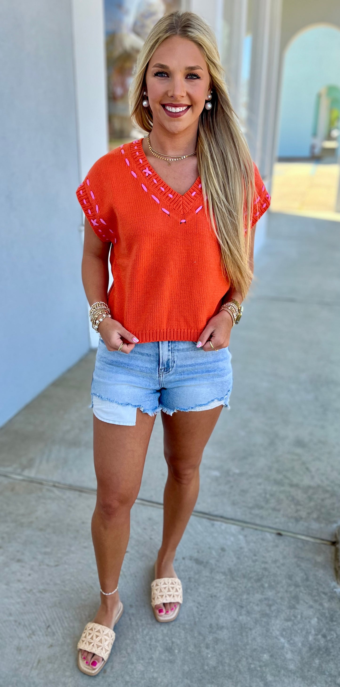 Orange Stitched V Neck Knit Top