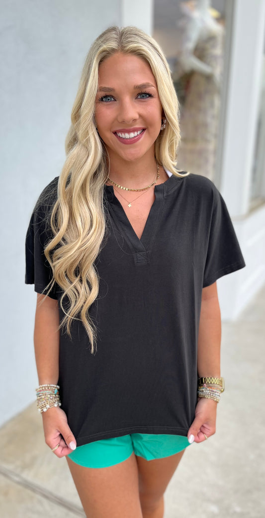 Black Cotton Henley Tee