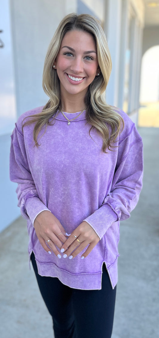 Acid Wash Exposed Seam Pullover, B Violet