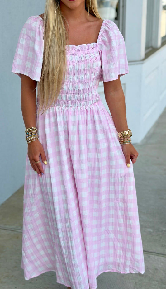 Pink Gingham Puff Sleeve Midi Dress