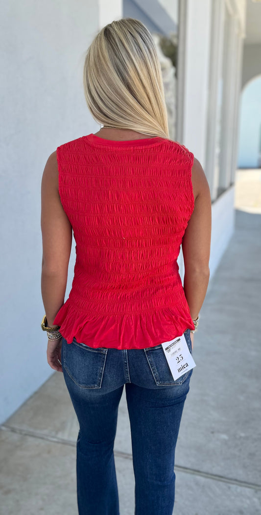 Red Smocking Detail Ruffle Hem Tank Top