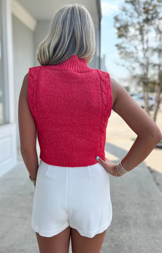 Red Mock Neck Cutout Crop Sweater