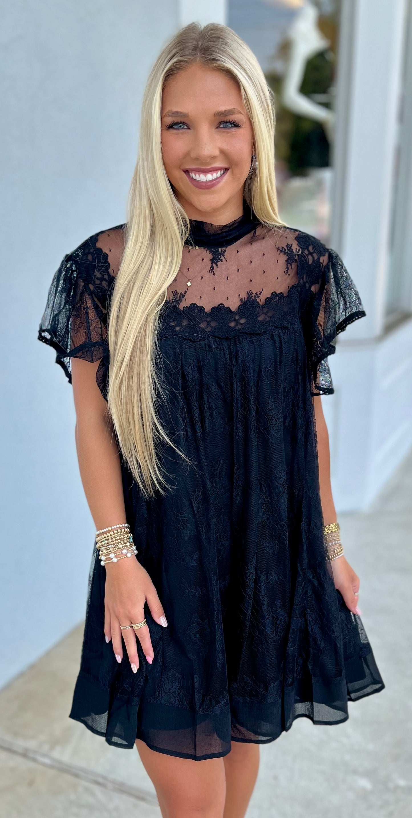Black Lace Flutter Sleeve Mock Neck Dress