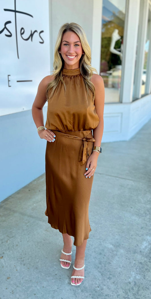 Halter Neck Sleeveless Midi Dress, Camel