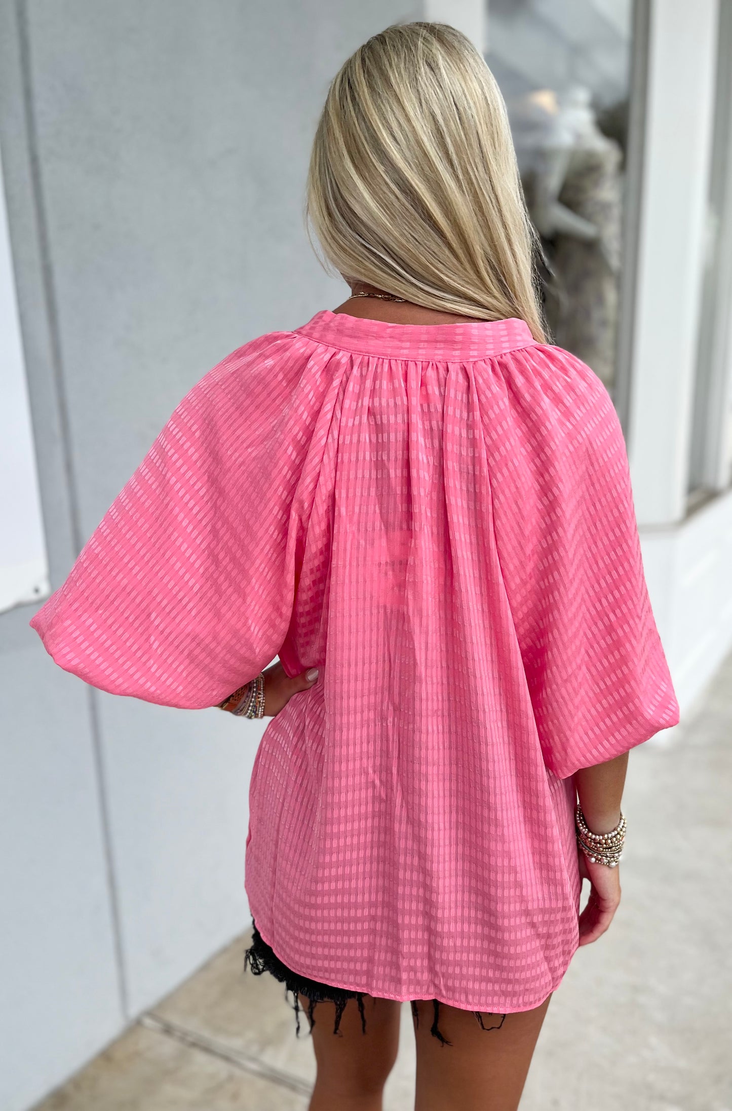 Striped Silky Jacquard Blouse , Peony