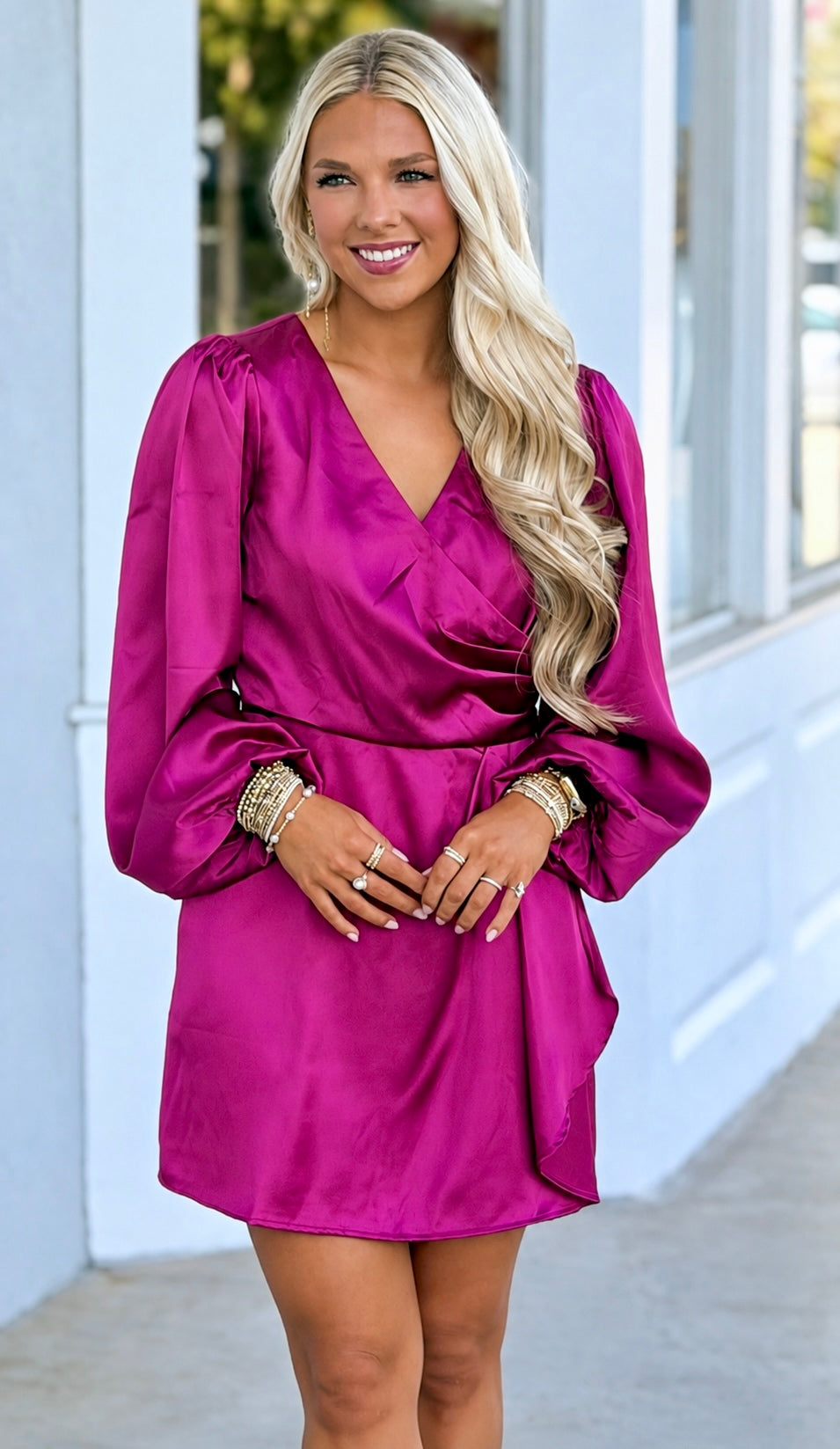 Magenta Mini Dress with Puff Long Sleeve