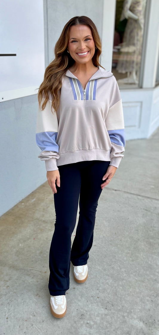 Stone/Blue Half Zip Color Block Sweatshirt