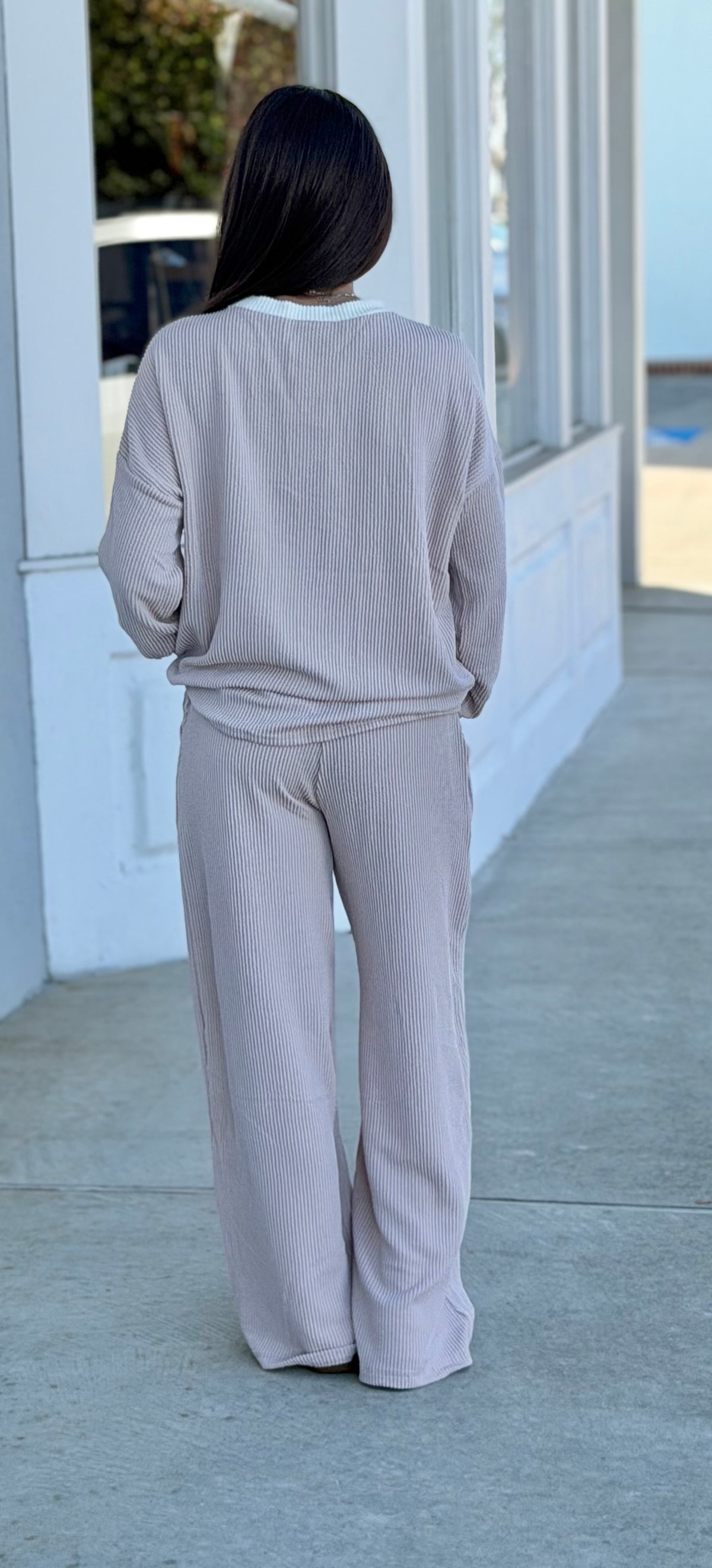 Raised Rib Round Neck Pullover & Pants SET, Ash Mocha