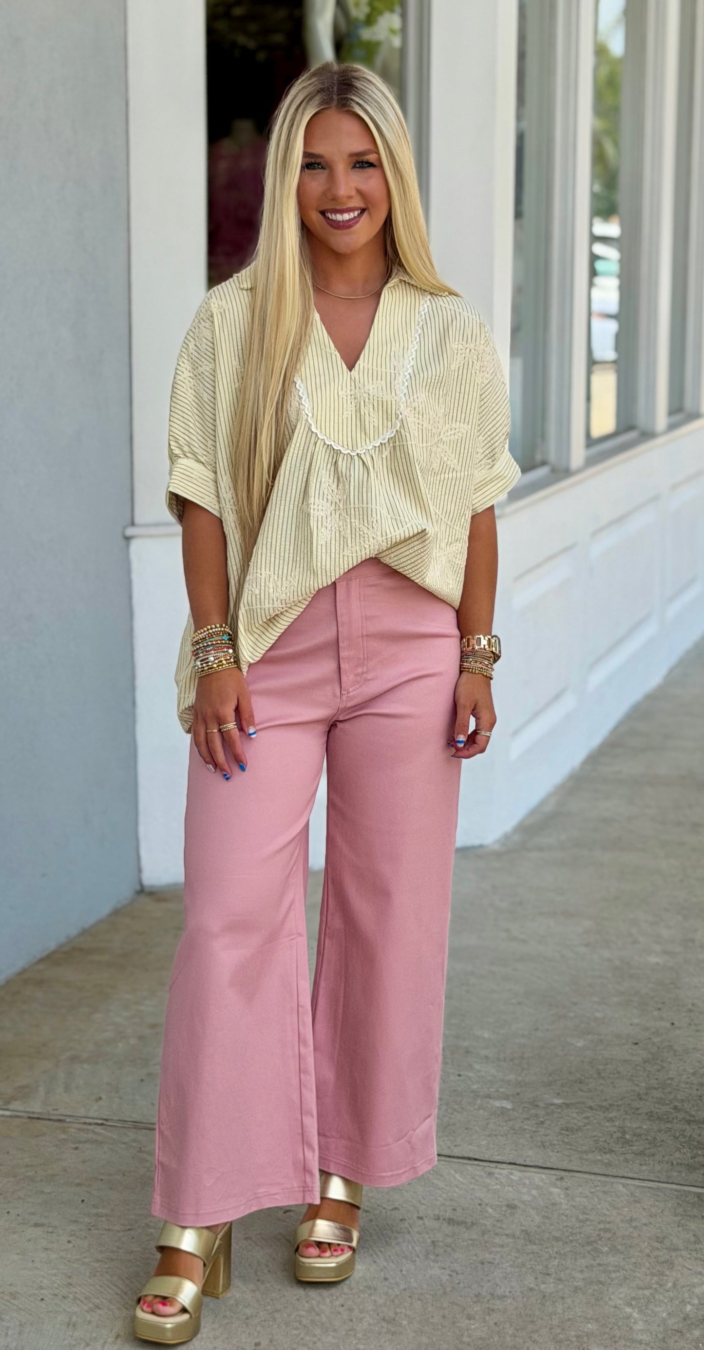 Butter Striped Embroidered Blouse With Scallop Trim