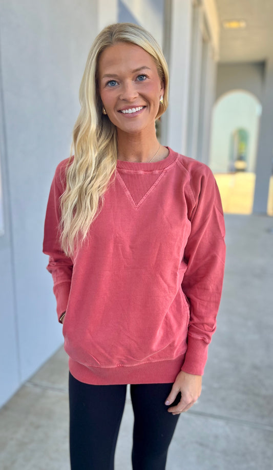 French Terry Pullover With Pockets, Ruby