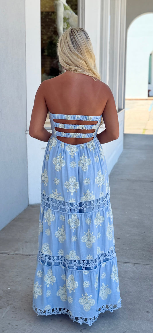 Sky Blue/Cream Smocked Back Tiered Maxi