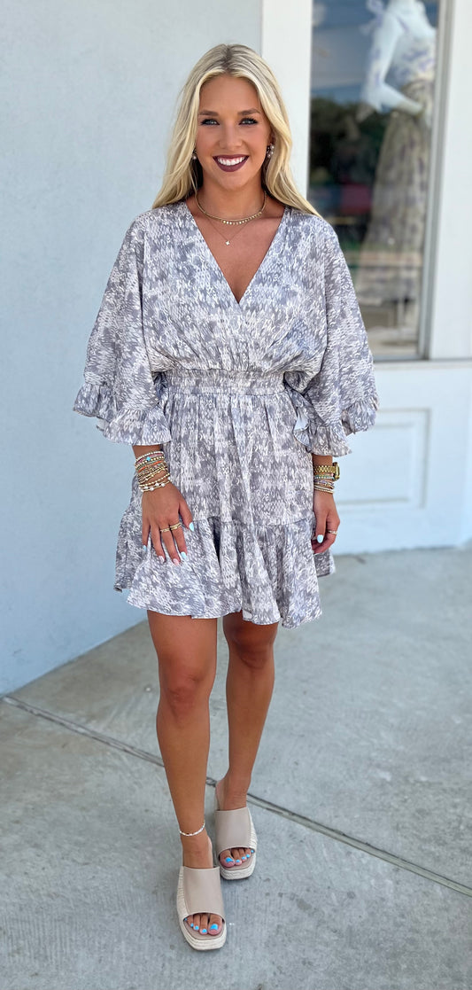 Grey Wrap-Front Neck Flutter Sleeve Waist Smocked Mini Dress