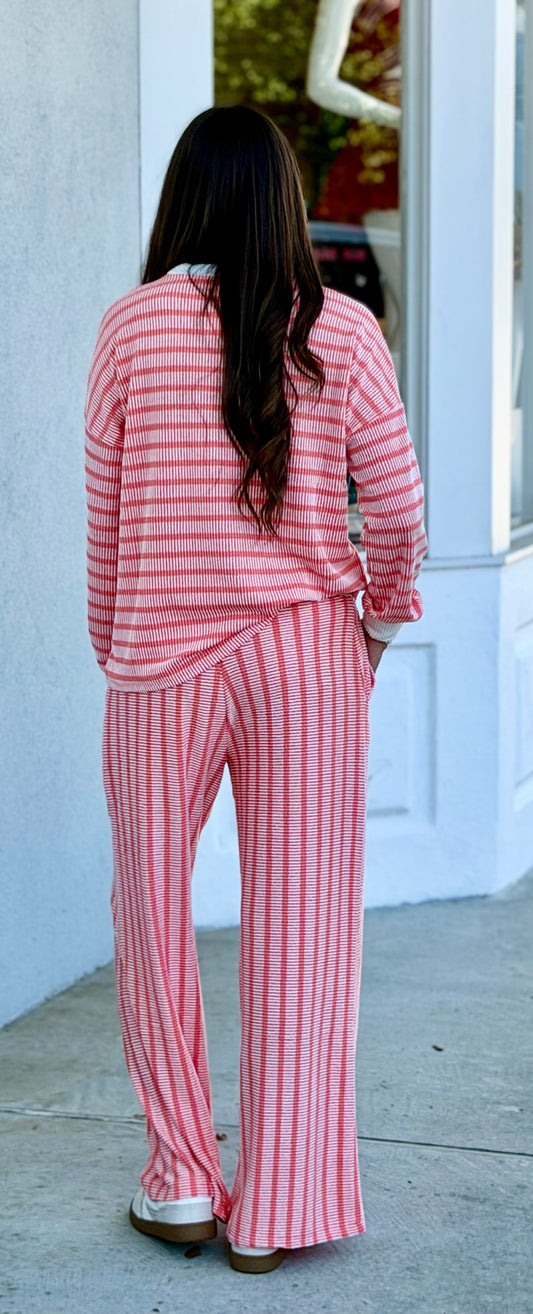 Raised Rib Striped Pullover & Pants SET, Coral