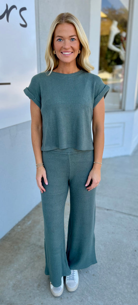 Sweater Rolled Sleeve Top & Pants SET, Ash Jade