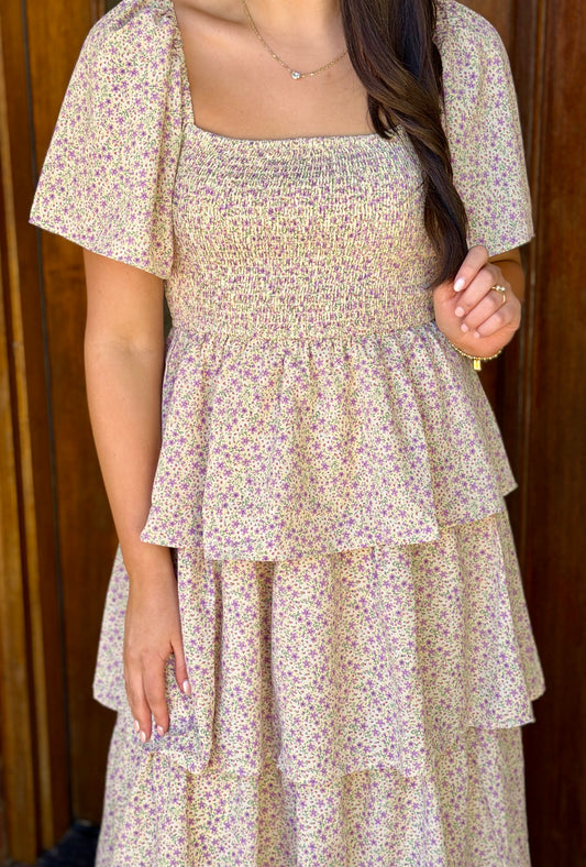 Lemon/Lavender Smocked Ruffle Maxi Dress
