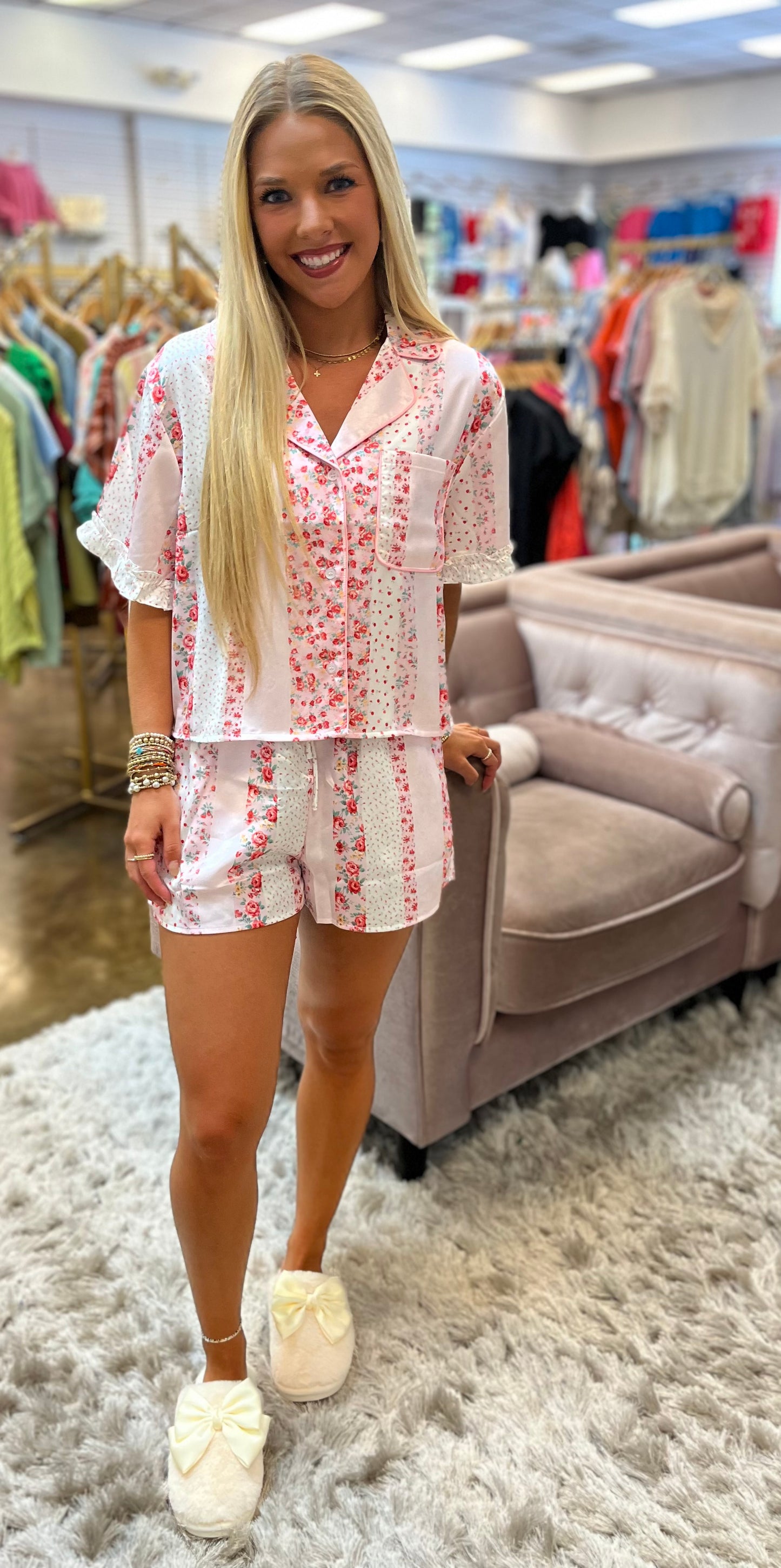 Floral Printed Ruffle Satin Pajama Set