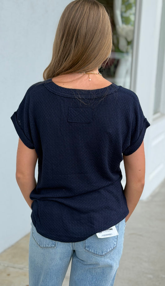 V Neck Textured Knit Top, Navy