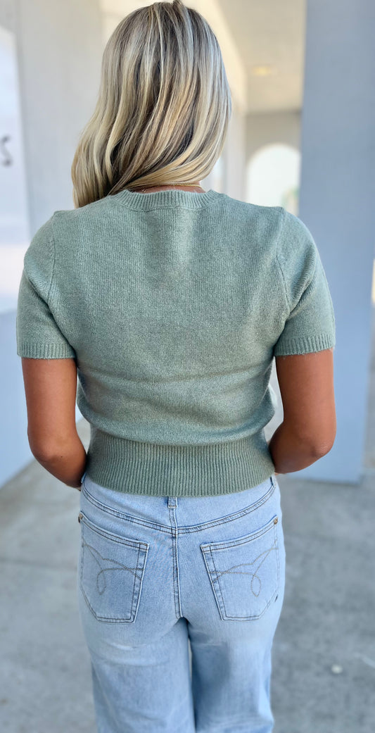 Short Sleeve Sweater Top, Sage Green