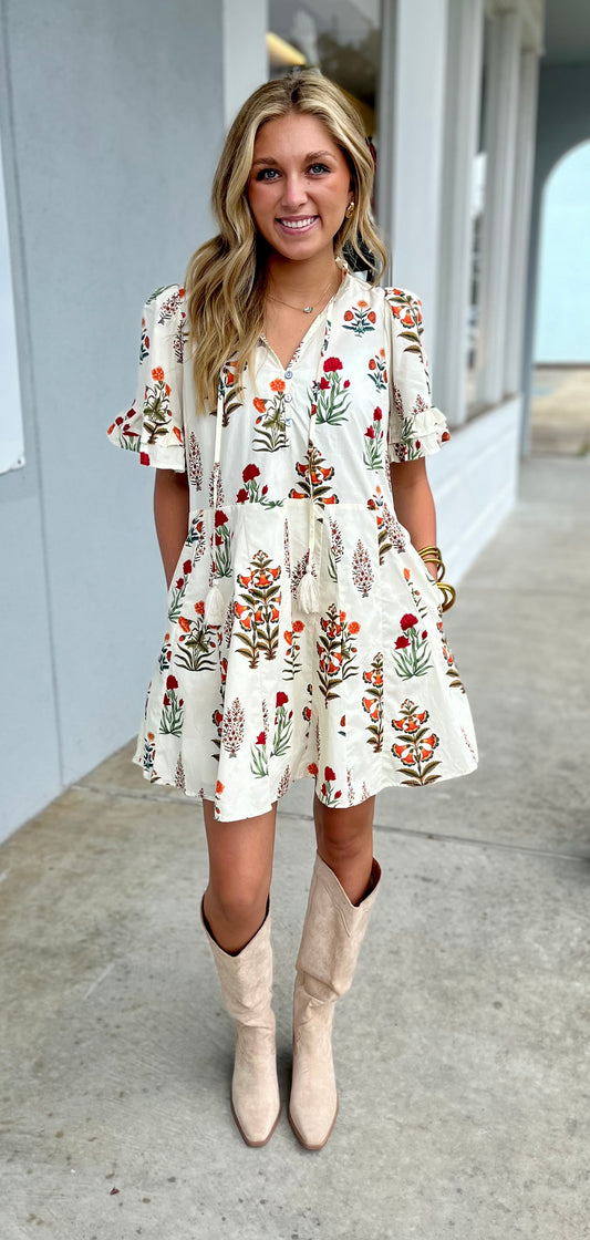 Cream Floral Dress With Buttons